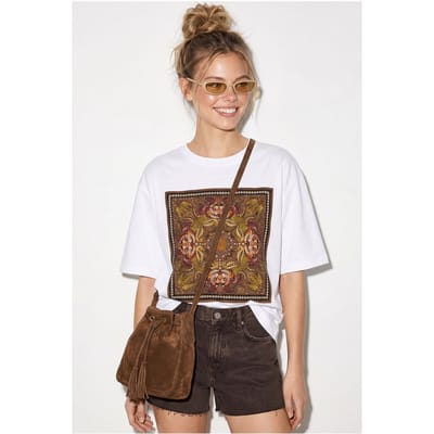 Overmaatse Etnische Print Katoenen T-Shirt
