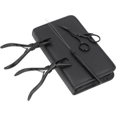 4 stuks Hairextension Gereedschap met Tang Draadlus Inrijgnaald Kleine Schaar Opbergtas black