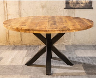 Meubelplaats Ronde Mango Eettafel Spider 120x120x77 cm - 5 cm dik blad - industrieel Design - Extra dik blad - Massief Mangohout