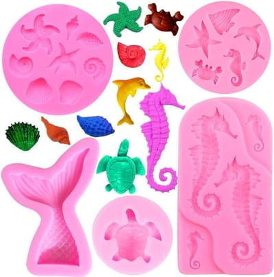 Maritiem Thema Taart Decoratie Silicoon Mold voor Zeemeermin Staart, Sterrenbeeld, Schelp en Schildpad - 5 Stuks voor Chocolade, Snoep en Cupcake Versiering