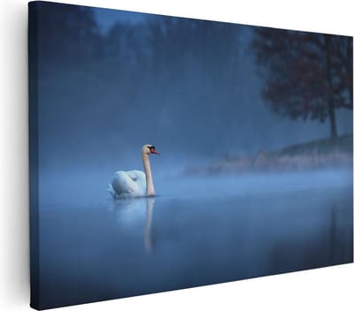 Artaza Canvas Schilderij Zwaan In Mist - 30x20 cm - Klein - Muurdecoratie Vogels - Wanddecoratie Woonkamer - Kamer Accessoires Water