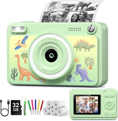 GREENKINDER Instant kindercamera, 2,4 inch scherm, met 32 GB kaart en 5 rollen printpapier, 1080p camera voor kinderen, direct afdrukken, cadeau voor 3-12 jongens en meisjes