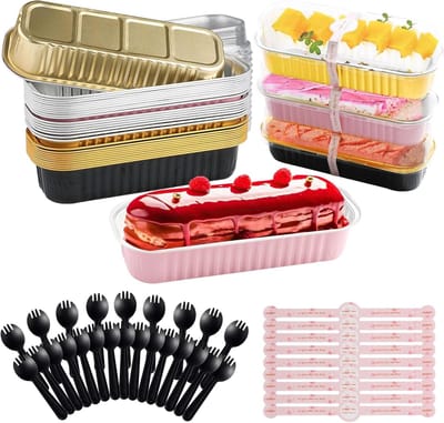 Famanu - 30 Kleine Brood en Taartvormpjes Met Deksels en Lepels 200Ml Rechthoekige Bakvormpjes Van Aluminiumfolie Herbruikbare Cupcakevormpjes Broodvormpjes Voor Taart Bruiloft Verjaardag