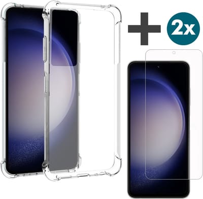 Samsung Galaxy S23 hoesje transparant siliconen backcover met verstevigde hoeken Inclusief 2 Stuks Screenprotector tempered glass