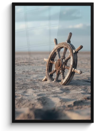 Poster in lijst - Fotolijst 60x90 cm - Posters - Scheepsstuur - Hout - Bruin - Zand - Posterlijst zwart - Decoratie - Wanddecoratie woonkamer - Muurdecoratie slaapkamer