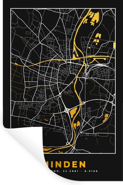 Muurstickers - Sticker Folie - Kaart – Plattegrond – Stadskaart – Minden – Duitsland – Goud - 20x30 cm - Plakfolie - Muurstickers Kinderkamer - Zelfklevend Behang - Zelfklevend behangpapier - Stickerfolie