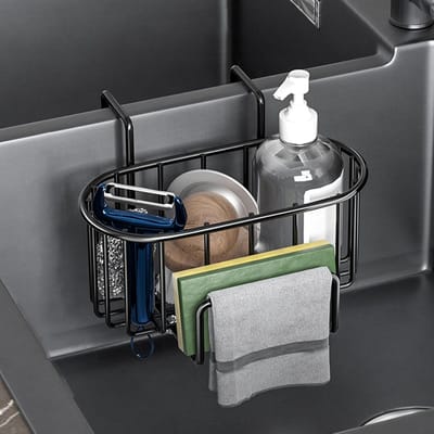 Sponge Holder - Organizer voor Keuken Gootsteen met Handdoekhouder en Haken - Rvs Hangende Spons Houder voor Borstels - Geen Boren Badkamer Organizer