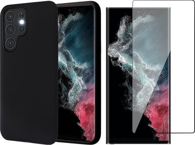 Hoesje geschikt voor Samsung Galaxy S22 Ultra - Matte Back Cover Microvezel Siliconen Case Hoes Zwart - Full Tempered Glass Screenprotector