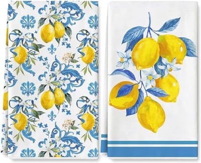 Lemon Keukenhanddoek 2Pcs - Waterverf Ontwerp voor Lente & Zomer - Ideaal voor Keuken en Schoonmaken