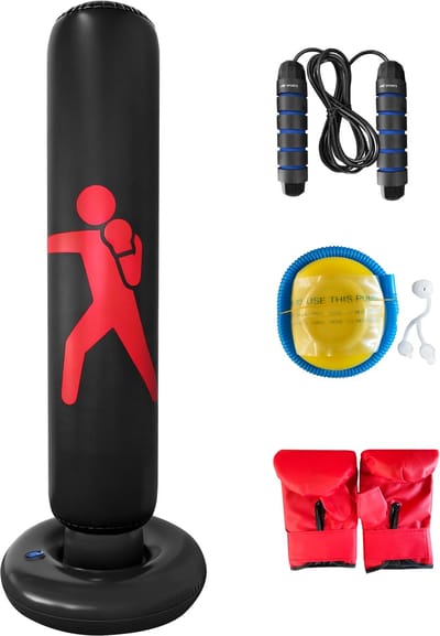 AJ-Sports Opblaasbare Bokszak - Boksbal - Boxbal - Bokspaal - Boksen - Boxing - Sport - Staand op Voet - Verstelbaar in Hoogte - 160cm hoog - Inclusief Handschoenen geschikt voor Kinderen - Zwart