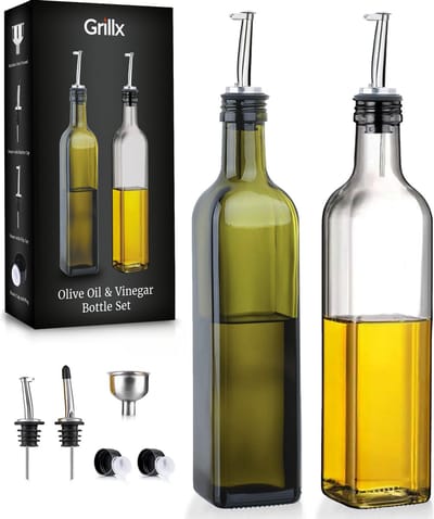 Grillx Olijfolie en Azijn Fles met Schenktuit - 500ml - Inclusief Accessoires - Olie en Azijn Set - Glazen Oliefles