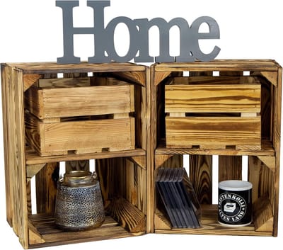 Set van 2 Gevlamde Houten Opbergkisten 40x30x25 cm Houtkratten Multipurpose