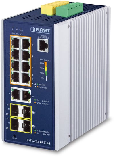 PLANET IP30 Industrial L2+/L4 8-Port Managed L2+ Gigabit Ethernet (10/100/1000) Aluminium, Blauw