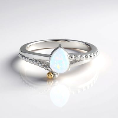 Cavill - Zilveren ring - 925 Sterling zilver met Welo-opaal 0,417 ct - 14K gouden granulatie - Peervormige cabochon - Elegant, modern dames sieraad