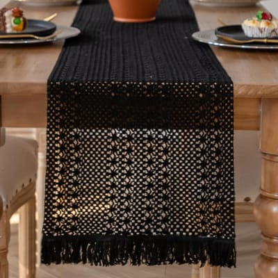 Fecialy Macrame Table Runner Farmhouse Boho Beige Table Runner with Tassels Fabric Cotton Crochet Lace Table Runner - ShopVlot