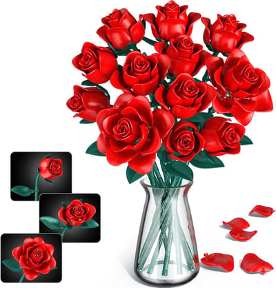Rode Rozen Bouwset - Bloemen Kunst Bloemen - Decoratie Bouwen - 634 Gedetailleerde Stenen