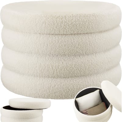 tectake® Poef Altu XL – Bouclé Zithocker met Opbergruimte – Crèmewit, Ø 67 x 42 cm – Stevig MDF-frame – Max. 150 kg