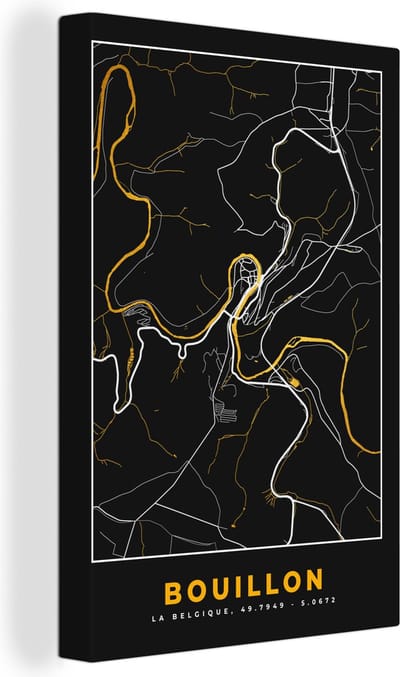 Canvas Schilderij Bouillon - Black en gold - Stadskaart - Plattegrond - Kaart - 20x30 cm - Wanddecoratie