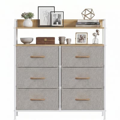 Ladekast Opbergkast Dressoir voor Slaapkamer, Woonkamer & Gang – Kasten & Opbergen – Met 6 Stoffen Lades en 2 Open Legplanken – Compact, Stabiel & Ruim - Metaal & MDF - Kaki/Wit/Hout - 83x30x97 cm