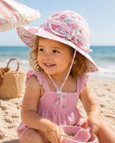 Baby Zonnehoedje Meisje Roze Bloemen – UV Bescherming – Zomerhoed met Brede Rand – Maat 52