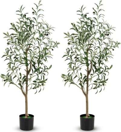 KOMFOTTEU 2 Stuks 130 cm, Kunstmatige olijfbomen, 130 cm, kunstplant met realistische bladeren en vruchten, robuuste PE-stam en stabiele bodem, decoratieve plant voor binnen en buiten