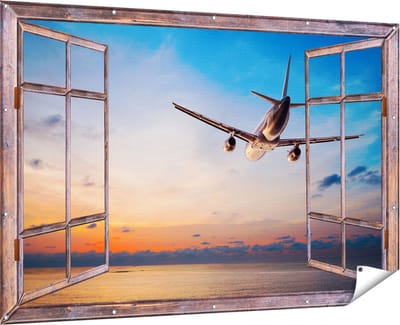 Gards Tuinposter Doorkijk Vliegtuig Boven de Zee bij Zonsondergang - 180x120 cm - Tuindoek - Tuindecoratie - Wanddecoratie buiten - Tuinschilderij