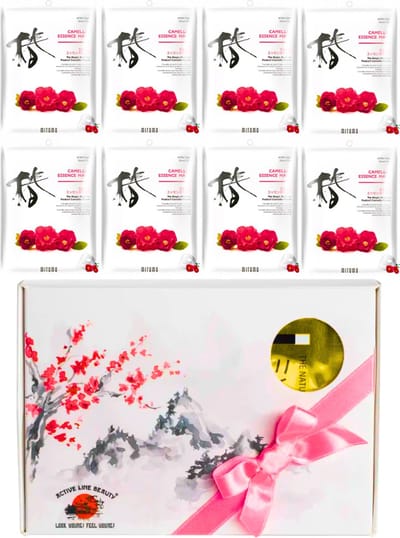 Mitomo Camellia Flower Gezichtmasker - Giftset Vrouw - 8 x 25g - Verjaardag Cadeau Vrouw - Geschenkset Vrouwen