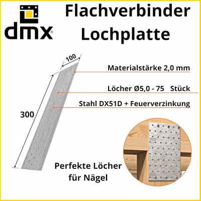 Gatenplaat - Verbindingsplaat - Dakbinders Monteren - Universele Perforatie - 300x100x2 mm