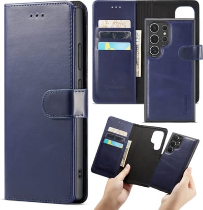 Casemania Hoesje Geschikt voor Samsung Galaxy S24 Ultra - Navy Blue - 2 in 1 Magnetische Leren Book Case - Uitneembare Portemonnee Hoes met Kaartvakken voor Telefoon