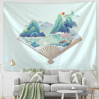 Éventail Pliant Antique Chinois Tapisserie Décoration Murale Art Simple Bohème Peinture de Paysage Esthétique Décoration de Pièce Maison 95x70cm white