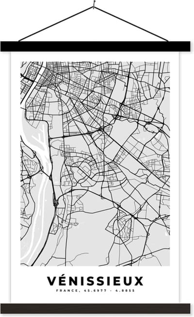 Posterhanger incl. Poster 40x60 cm - Schoolplaat - Vénissieux - Plattegrond - Frankrijk - Kaart - Stadskaart - Textielposter - Zwarte latten - Stadskaart