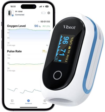 Thijox - Professionele Vibeat Bluetooth Vingertop-Oximeter, Oplaadbare Pulsoximeter met Offline Opslag, Zuurstofsaturatiemeter, Hartslagmeter en App,