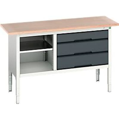 Werkbank Bott verso, multiplexplaat, 3 laden & 1 legbord, B 1500 x D 600 x H 830 - 930 mm, RAL 7035 lichtgrijs / antracietgrijs
