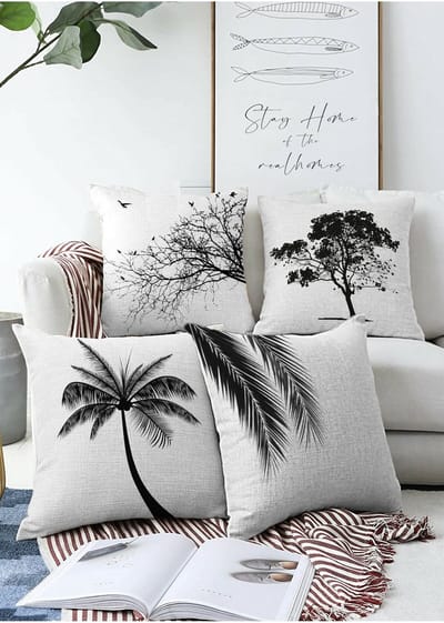 Zethome - Bomen Kussenhoes Set - 4 stuk - 43x43cm - Dubbelzijdig Bedrukt – Soft Touch – Boomthema op een witte achtergrond