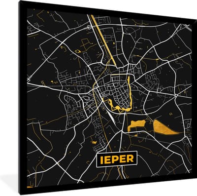 Fotolijst incl. Poster - Kaart - Ieper - Stadskaart - Plattegrond - Goud - 40x40 cm - Posterlijst