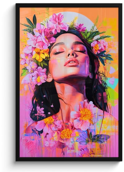 Poster in lijst - Fotolijst 60x90 cm - Posters - Portret - Bloemenkroon - Vrouw - Posterlijst zwart - Decoratie - Wanddecoratie woonkamer - Muurdecoratie slaapkamer