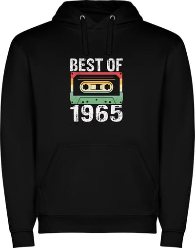 Zwarte unisex hoodie met “ Kleurrijke Best of 1965 – Leeftijd – Verjaardag – Humor – Cassettebandje “ Print Full Color Color merk Roly maat S