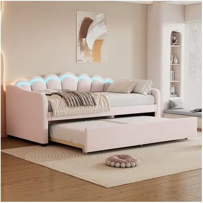 Merax Uitschuifbed 90 x 200 cm + bed 90 x 190 cm, slaapbank - fluweel - LED-verlichting - roze kleur (zonder matras)
