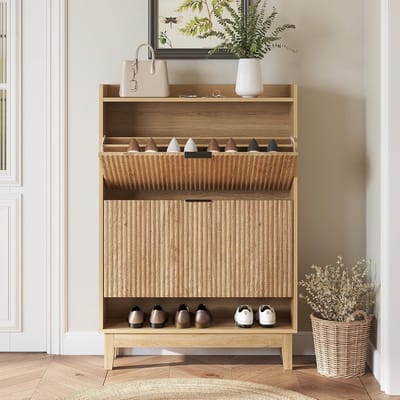 Tribesigns Schoenenkast – Schoenenrek met 2 Opklapbare Lades – 80x24x115cm - Verborgen Schoenenopbergruimte met Open Plank – Hout - Bruin