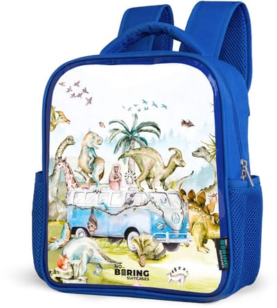 NoBoringSuitcases.com® - Rugzak blauw - Schooltas jongens - Busje met dino's - Kinder rugtas jongen - Boekentas kind - Kinderrugzak voor school - Schoolrugzak