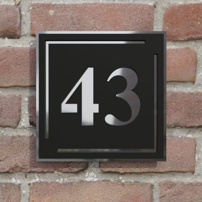 Huisnummerbord voordeur - Vierkant kader - 15 cm - zwart/zilver