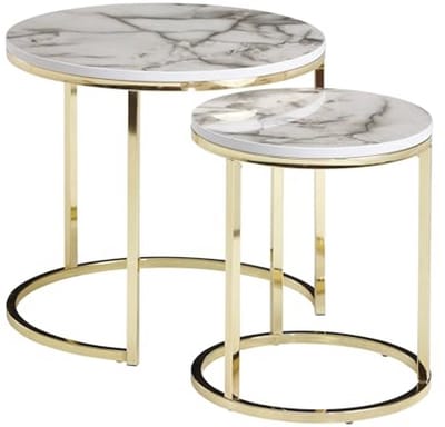 Moderne set van 2 ronde bijzettafels met marmerlook en gouden frame