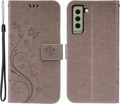 Coverup Hoesje - Geschikt voor Samsung Galaxy S21 FE Hoesje - Coverup Bloemen & Vlinders Book Case - Taupe Grijs