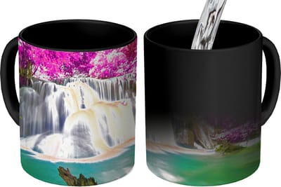 Magische Mok - Foto op Warmte Mokken - Koffiemok - Waterval - Roze - Bomen - Magic Mok - Beker - 350 ML - Theemok