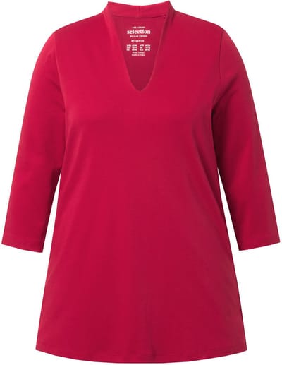 Ulla Popken - Dames - Shirt A-lijn gobletkraag 3/4-mouw Pima-katoen - Kersenrood - Maat 58+