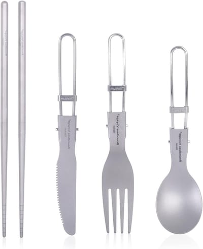 Camping Bestekset van Titanium - Vouwmes, Vork, Lepel en Chopsticks voor Outdoor, Reizen en Picknicken - Lichtgewicht en Draagbaar Tafelgerei voor Hiking en Vissen