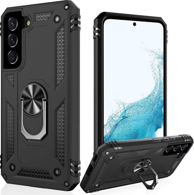 Casemania Hoesje Geschikt voor Samsung Galaxy S22 Plus Zwart - Anti-Shock Hybrid Armor Back Cover - Hoes met Kickstand Ring