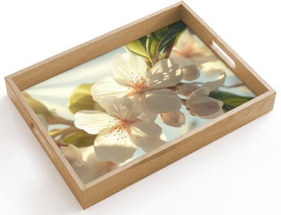 Dienblad hout 40x30 cm - Schootdienblad - Bloesems - Wit - Zonnestralen - Bloemblaadjes - Borrelplank rechthoek - Plateau dienbladen