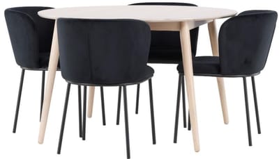 Flora eethoek tafel Ø120cm en 4 stoelen whitewash, zwart.