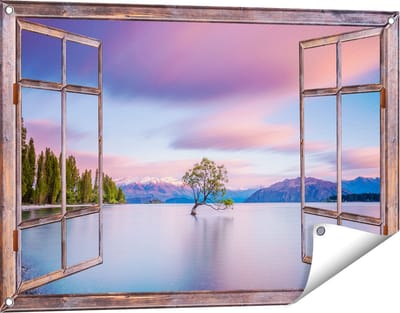Gards Tuinposter Doorkijk Wanaka Boom in het Water bij Zonsopgang - 90x60 cm - Tuindoek - Tuindecoratie - Wanddecoratie buiten - Tuinschilderij